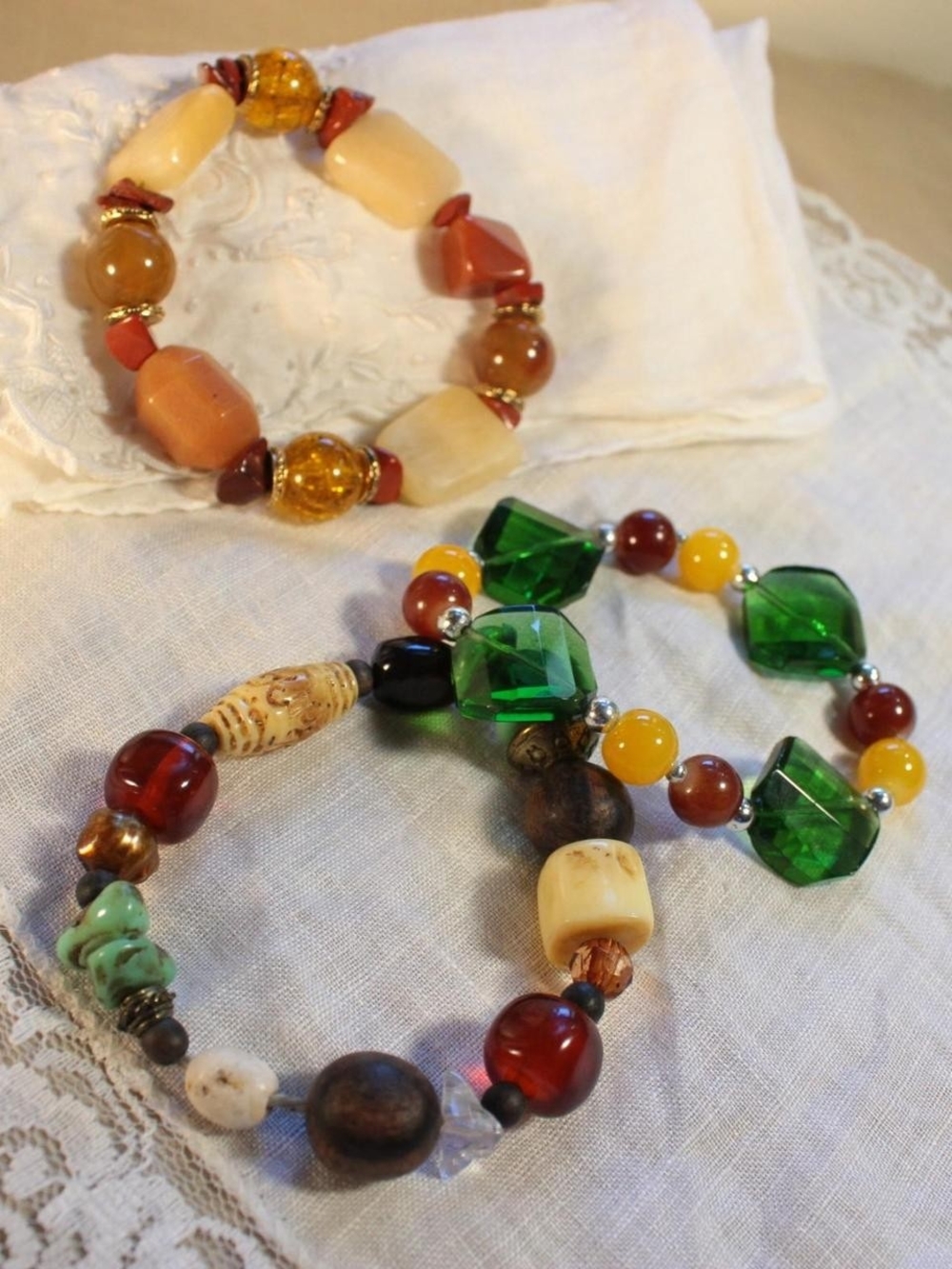 Colorful Beaded Stretch Bracelet Bundle - Green, Amber, Yelloq
